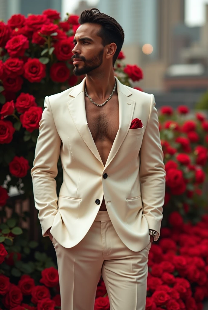 (absurdres, highres, ultra detailed, HD), 1 male, solo, ((handsome man, male model modern clothing, Full length portrait: 1.5)), beautiful, handsome, tall muscular guy, mature, perfect eyes, sexy gaze, (looking at the viewers romantically), perfect body, smooth skin, wide chest, largest breast, extremely large pectorals, big nipples, breathtaking grandeur, verious red and pink roses around him, jewellery, the man is standing comfortably in the roses, from directly above, gorgeous, wet, model pose, colorful, artistic, depth of field, focus on his calm facial features, elegant look, sexy posture, full body view,