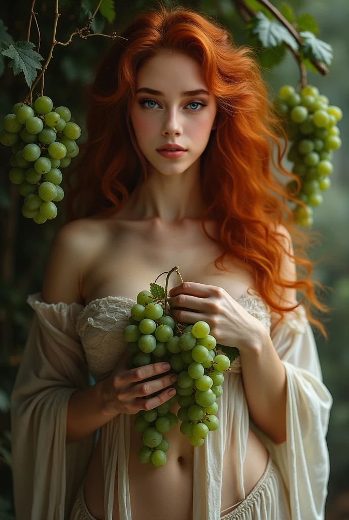 A red-haired girl, 18-years old, crepe dress, sucking grapes among the vines. strong sunshine. Filtro Foggy, David Hamilton Style.