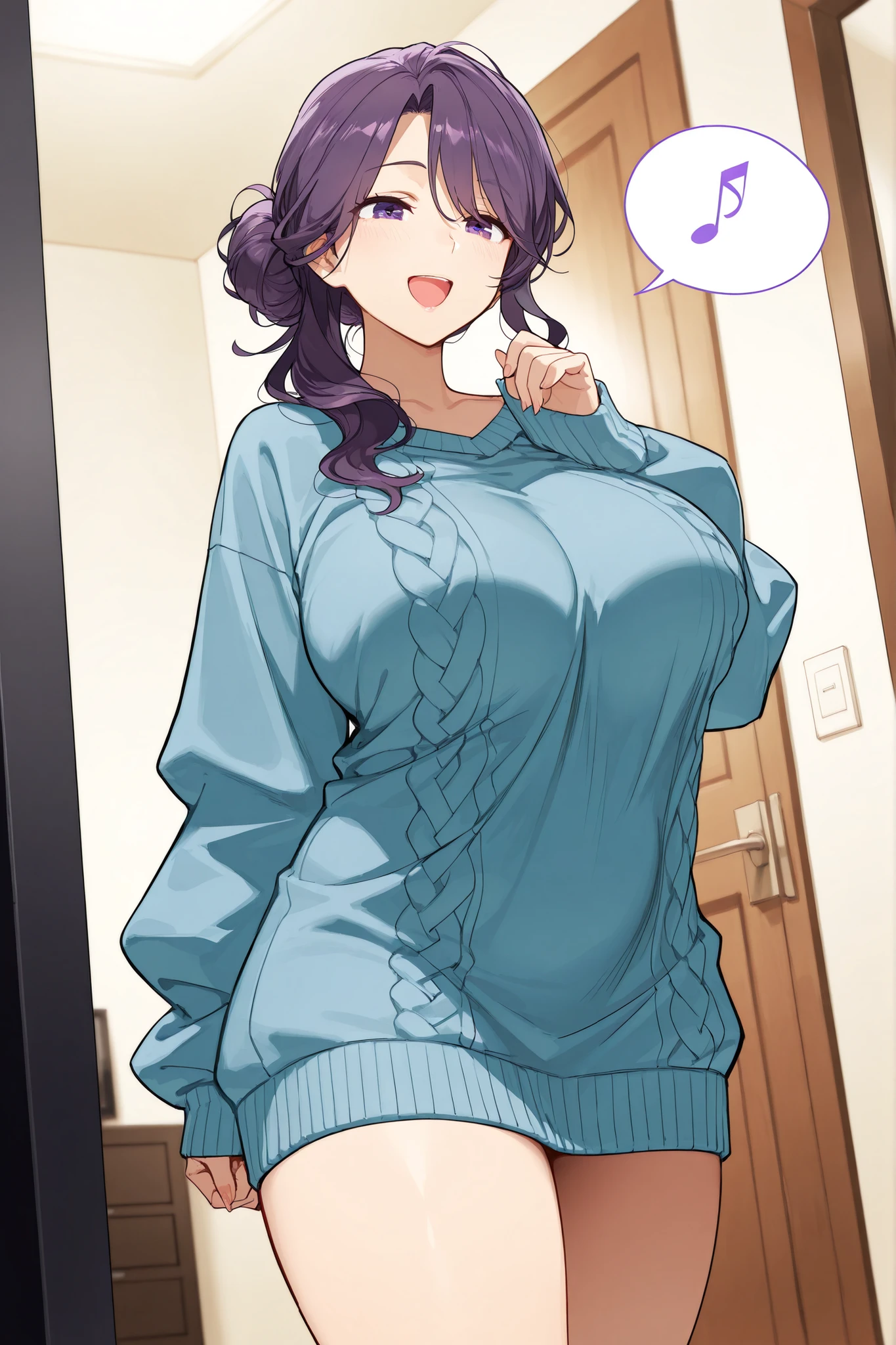 Modern, anime style, 1woman, mature adult, caucasian with fair skin and a voluptuous, milfy, slim chubby body. Large sized breasts. thick thighs. Has violet eyes. Has black wavy hair tied in a messy bun. Wearing oversized sweater, leggigns. (happy expression). At home, in living room. Vacuuming the floor, singing. Dutch angle shot, bubble speech with musical note, masterpiece, best quality, amazing quality, highres