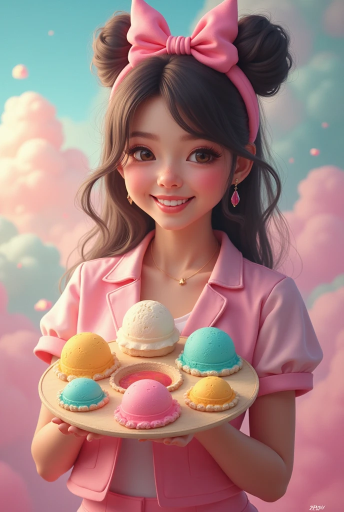 Fantasia、Girl with Ice Cream Tower on Head、makeup、close up of face、(realisitic、hight resolution)、(1 girl in)、Do-Up Eye、Korean Girl、(Best Quality), (masutepiece), (1girl in), Solo, a beauty girl, Perfect face,,dreamlikeart、Highly detailed airbrush art((Surreal))、Volumetric lighting、(top-quality)、The ultra-detailliert、