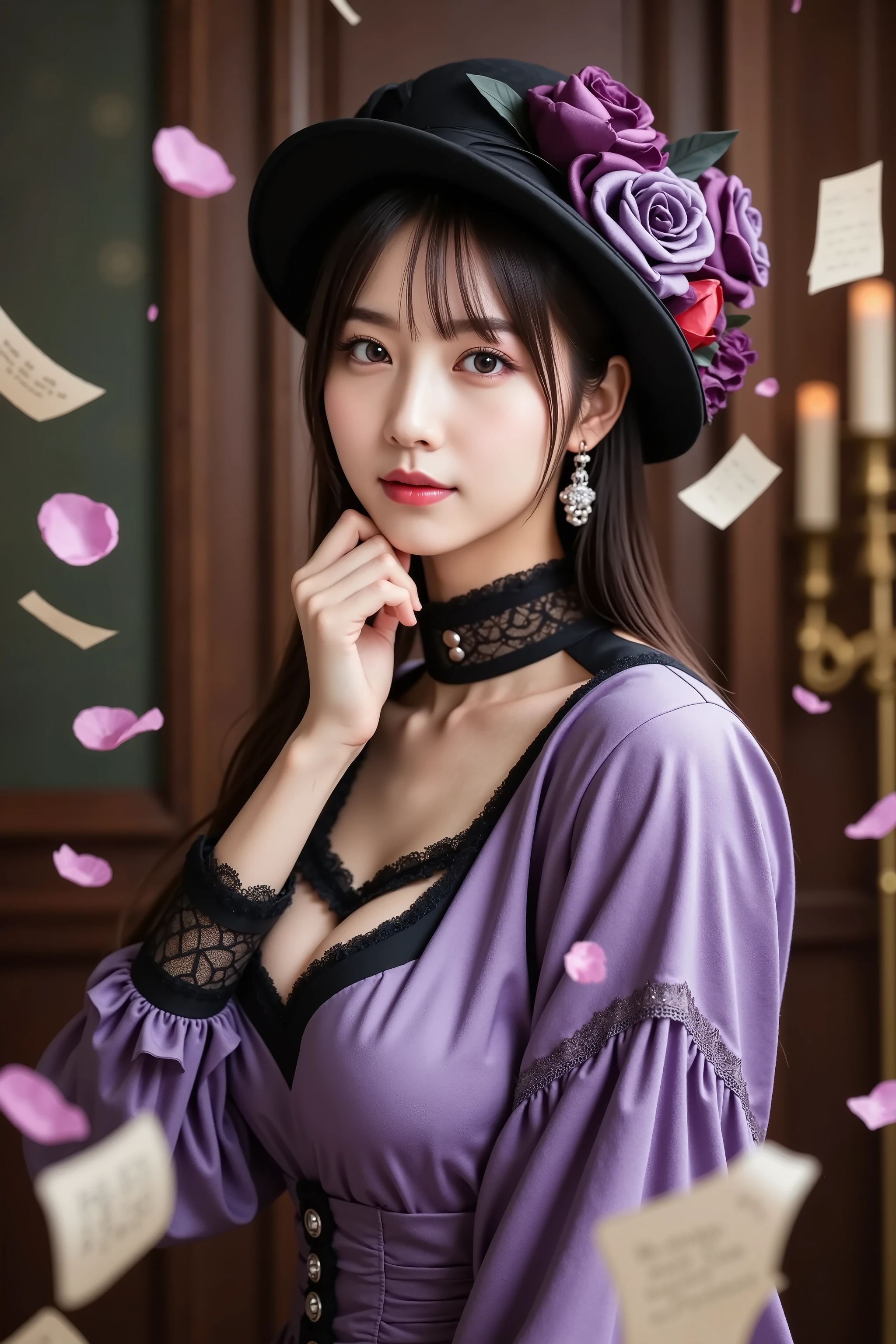 misaki, huge breast, by adjusting the framing so the subject's full head is visible within the composition, with the crop showing only from just above the bust to slightly above the top of the head. Ensure there is a comfortable amount of background space above the head to establish spatial context. A dramatic, vintage-inspired outfit combining Victorian and gothic aesthetics. The dress is a rich violet-purple shade, tailored to the figure and trimmed with black satin along the seams and edges. The bodice features a sweetheart neckline framed by lilac ruffles that add contrast and softness. The shoulders are partially exposed with sheer black mesh above the bust, giving a modern romantic edge. A high standing collar in black, embroidered with plum rose motifs, wraps the neck and extends into a narrow chest panel fastened by a silver clasp. Long sleeves taper toward the wrists, where lilac cuffs flare into tiered ruffles edged in silver thread. Lace insets run down the sleeves, and satin bows are tied above the cuffs. The waist is cinched, and the lower part of the garment suggests light layering beneath. She wears a round black hat with a firm brim, tilted slightly, decorated with velvet roses in purple, plum, and red. Pearl-tipped pins and feathers add visual texture. Accessories include silver star earrings and a slim writing pen held with delicate poise, the other hand gently resting near her collar. The background evokes a dreamlike, theatrical scene: petals in pink and lavender swirl through the air alongside scattered paper sheets. Soft lighting highlights the satin sheen, delicate ruffles, and glint of ink on airborne parchment. Hints of a dim, candlelit interior with carved wood and warm brass appear beyond the motion. The setting blends historical costume with fantastical elegance, emphasizing refined detail, artistic flair, and quiet mystery.