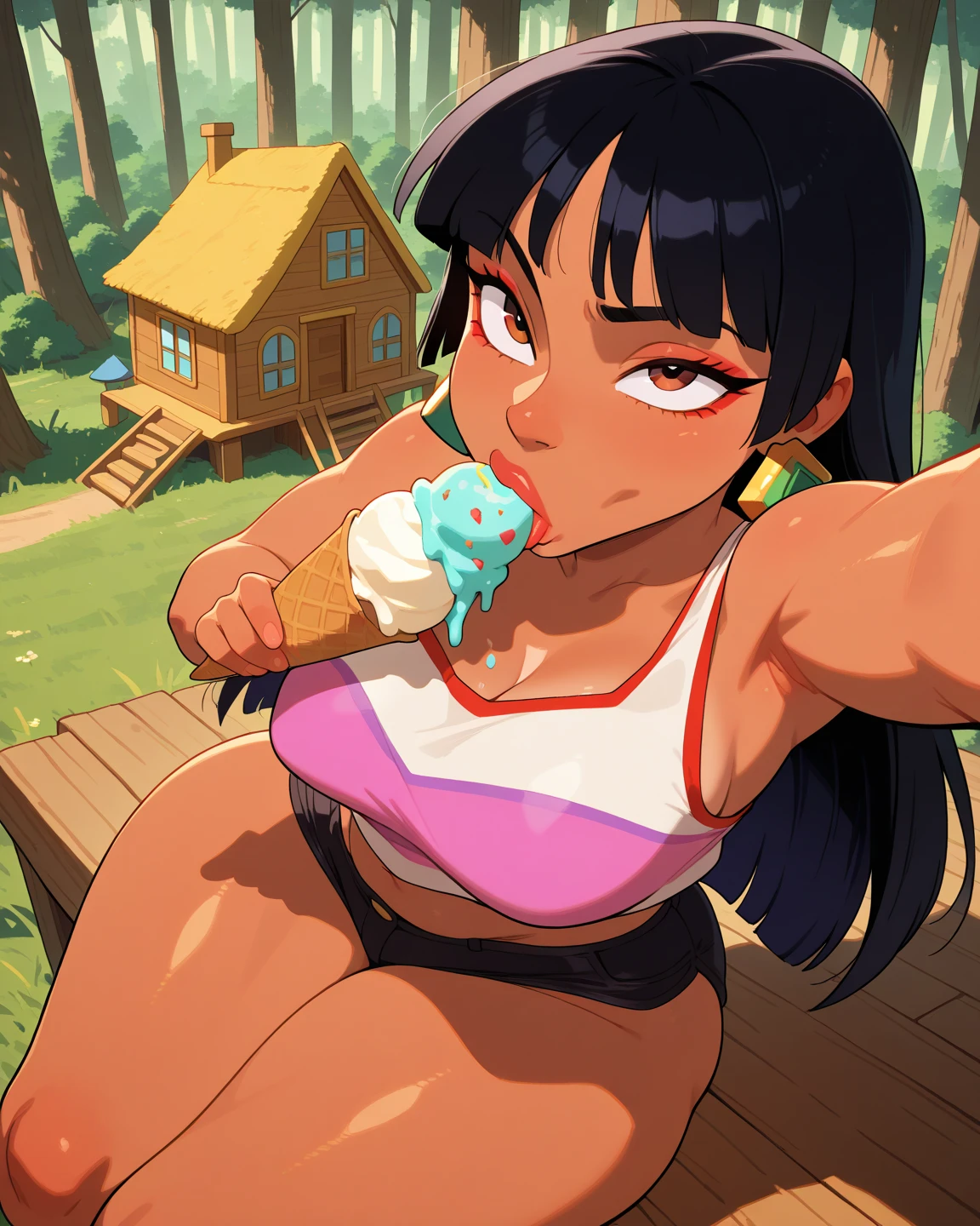 score_9, score_8_up, score_7_up,, , 1girl, , , upper body, katara, dark skinned female, licking,, licking popsicle,holding popsicle, holding objects, holding popsicle, white popsicle, drips on breasts, eyes half closed, seductive, slutty, submissive female, bedroom eyes, , beach, sunset, bikini, nipple slip, nipslip, nipples, striped bikini, cute, large breasts