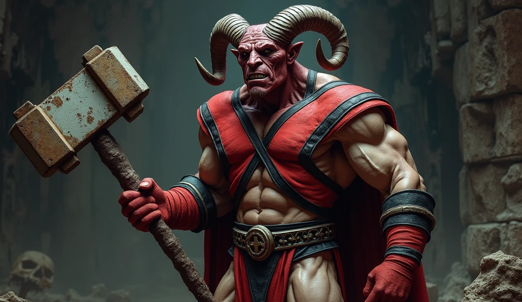 red and blue muscled anthropomorphic goat demon medieval weapon in a black background  looking at you close up