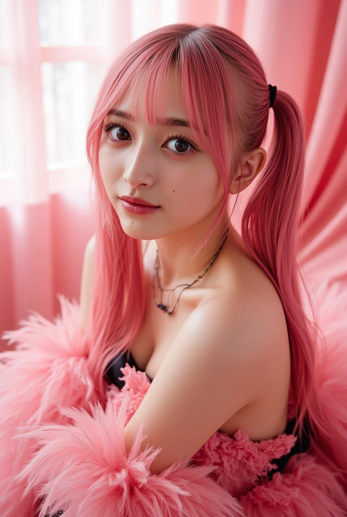 girl, goblin, smile of great joy，beautiful and moving，(((flat chest))),Do a dynamic dance、Attach cat Mimi hairband、milky white skin、thin arms、thin waist、slender upper body、thin thighs、thin lower body、long hair、(((pink hair)))、tropical sandy beach、a dizzying smile、fluffy bikini、full body shot、A bow tie、wear big gold earrings、garter belt、wear a gold bracelet