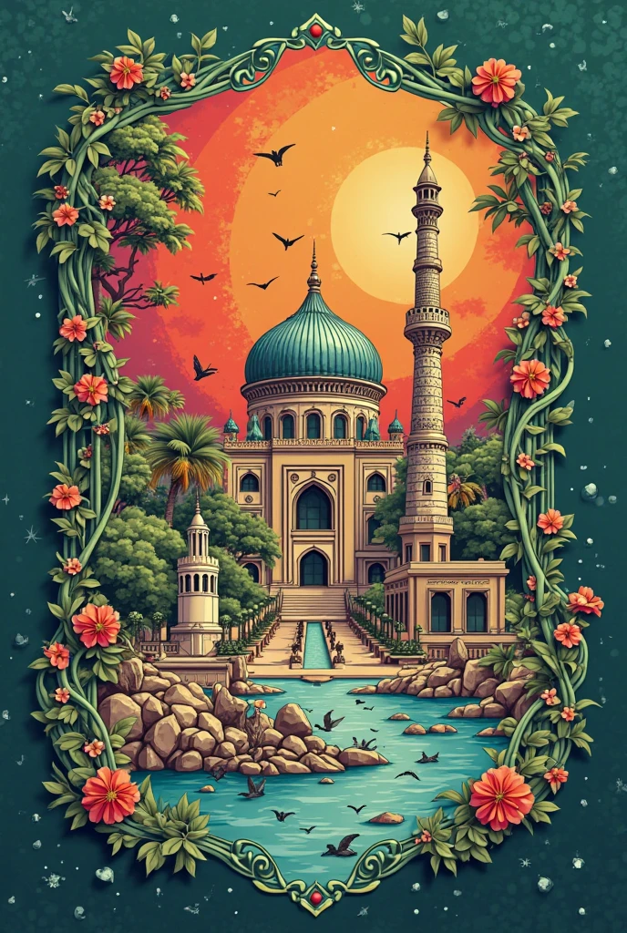 I need to make a poster for a 2 day event called "Salon Aux sources" dont le theme est "Retour aux sources, agir pour demain" linked to Islam, les 2 sources étant le coran et la sunna du prophete mohamed, help me prepare this poster, give me ideas for color images etc ..., donne moi des exemles d'affiches deja faites ; le theme doit etre ecrit, I also want the theme of the future to be clear, And an image of the Prophet's Mosque in Medina