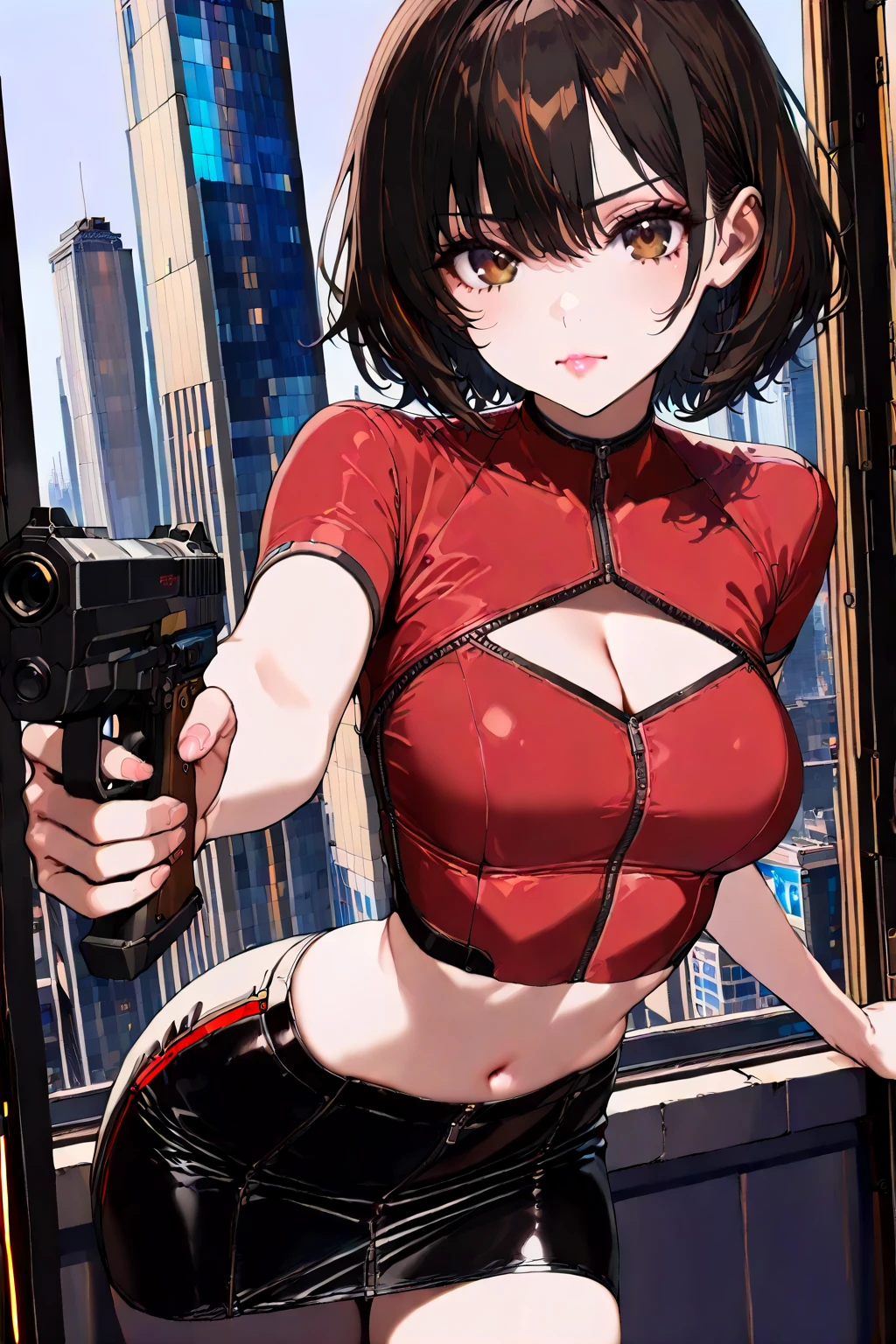 masterpiece, best quality, very aesthetic, absurdres, newest,1girl, wariza, pee, masturbate, one_hand_between_legs ,open_mouth, saliva, tear in eyes,,embarrassed, ,ada wong(resident evil),  1girl, blue eyes, breasts, dress,hair behind ear, heterochromia, holster, knife,  medium breasts, red dress, red eyes, sheath, sheathed, short hair, skindentation,  thigh holster, thigh strap,in gym