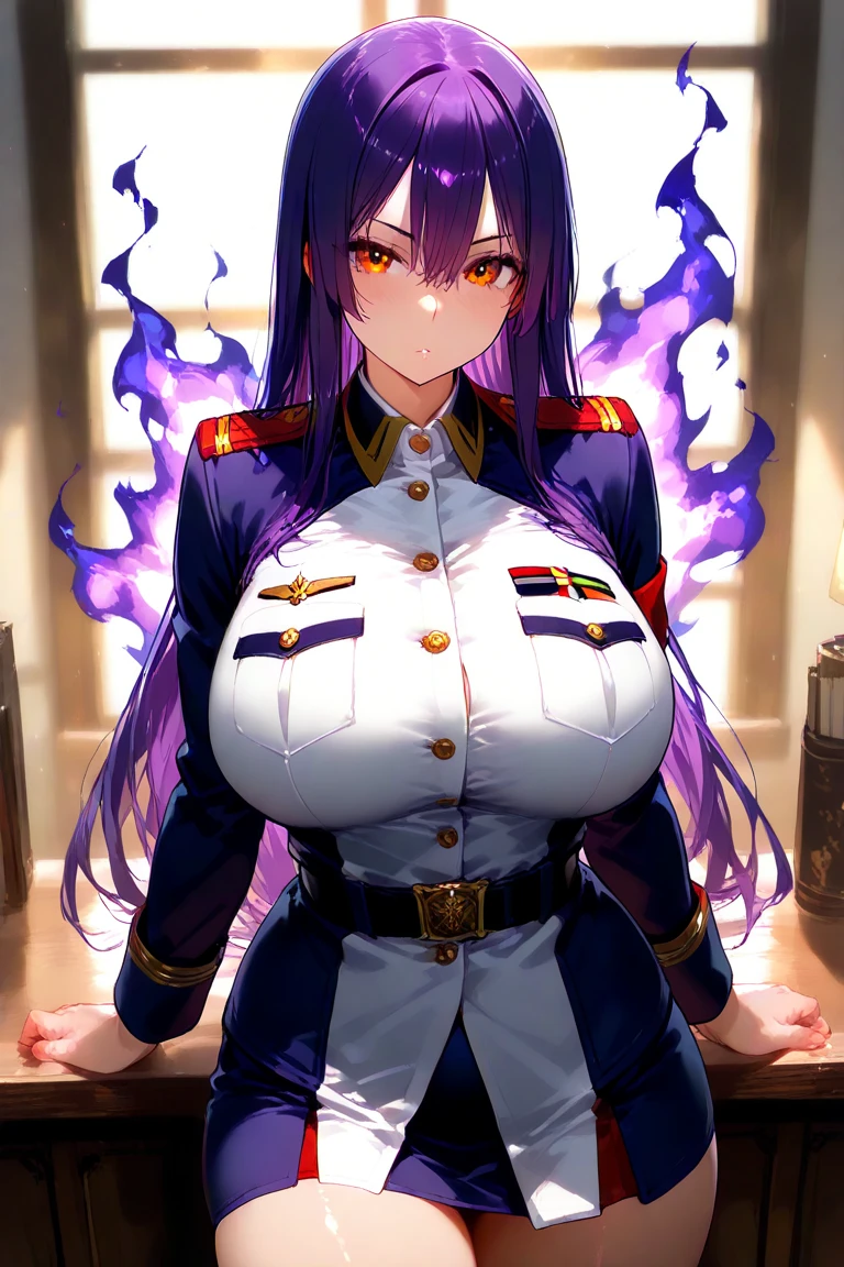 Purple hair big breasts,Lori huge breasts cleavage,white uniform,red color eyes,Slim figure,glomy,amorous,anime big breast,long leges,long whitr hair --auto