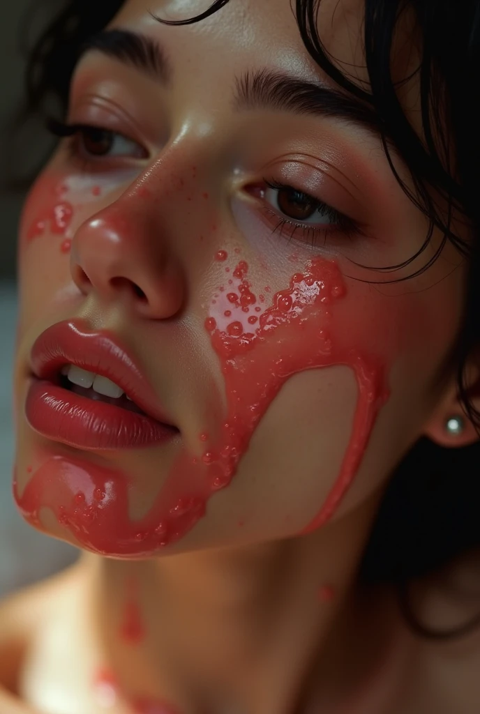 photorealistic of a beauty goddess holding a big donuts in her mouth, slappy, chocolate drip all over her face, happy face, close up,, dynamic motion, cinematic movement, blurry edges, serious expression, super detailed, perfect face(face detailed:1.5), perfect motion, side view, best quality, smoke trail along the motion with a fire element transition movement of color background