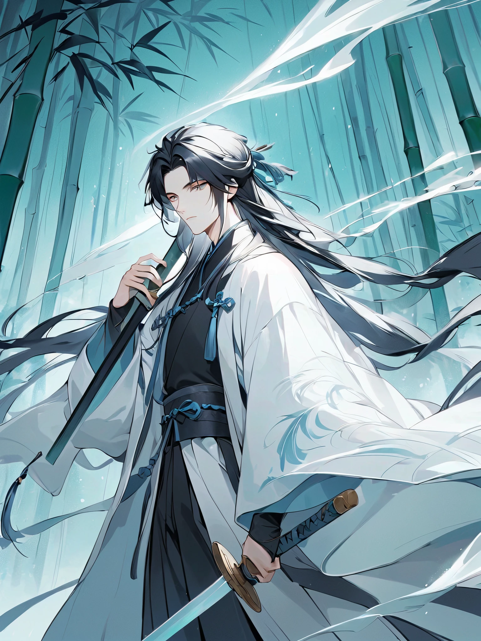 (( Official art ,masterpiece)):0.Harp Focus,1 boy ,China-style,fantasy oriental, long white coat , long white hair,apathetic, tall and cold ,A male deity ,Long sword at the waist, forest bamboo ,cold colors,melancholy,long dark hair flying in the wind ,Bunched hair, sword eyebrows ,close your eyes。