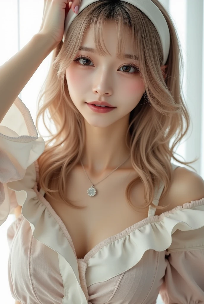 Girl wearing, luxury pink  coat, shoulder length hair, wavy hair, glowing skin, star in eye, red lips, grey  background, cute poses , upper body, light blonde hair 