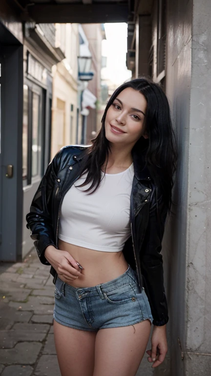 gothic girl smiling in the street, pale white skin and dark hair, white top, black leather skirt