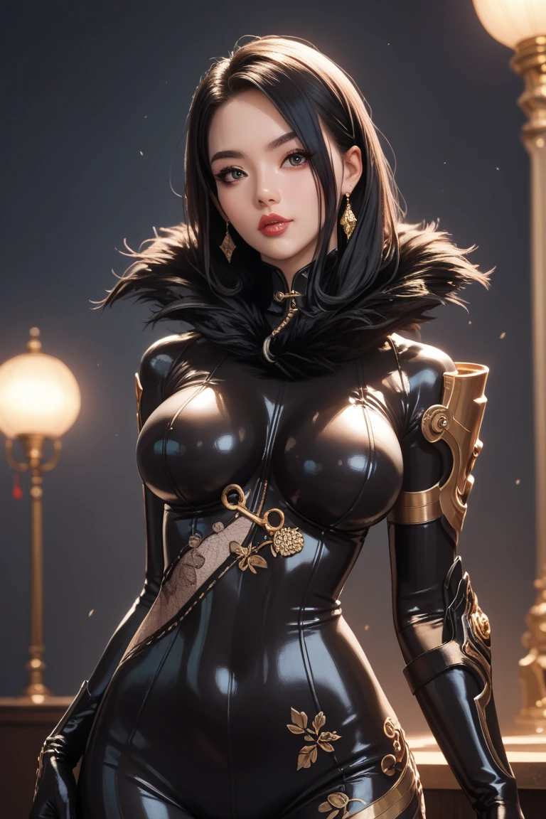 Beautiful tall woman with black hair and super realistic bluish eyes well detailed
