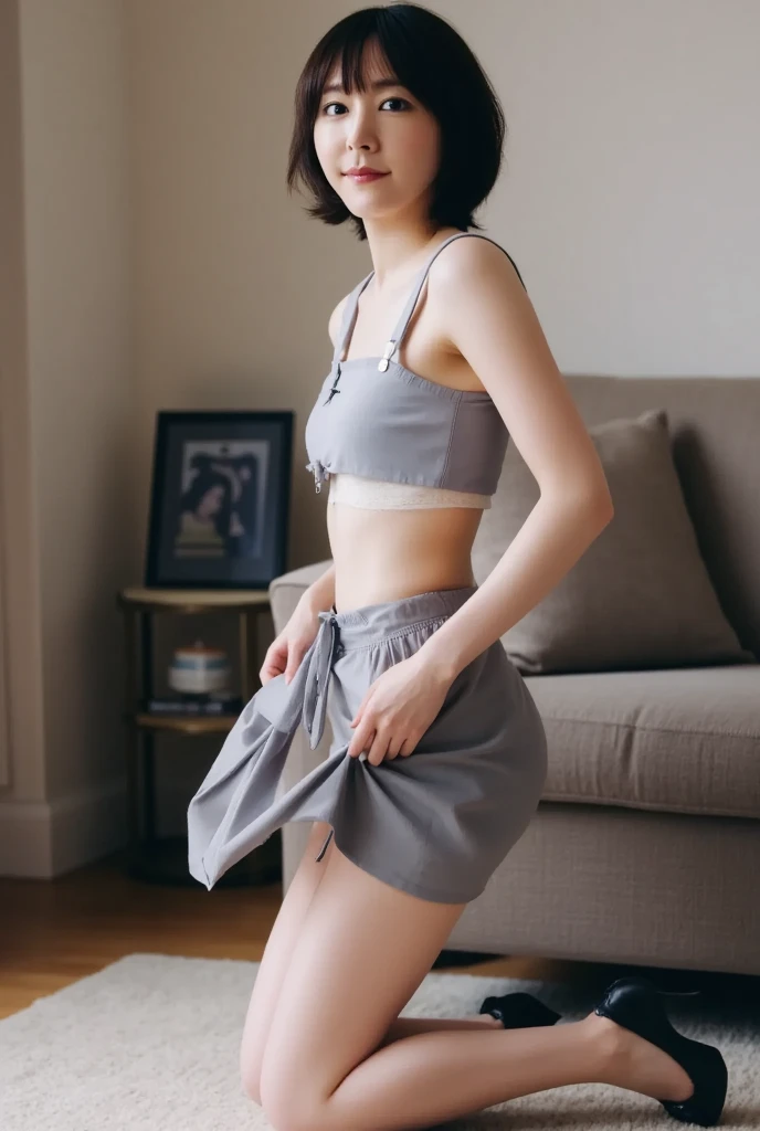 ,brown eyes,blonde short hair, short blue skirt, oversize top ,full body