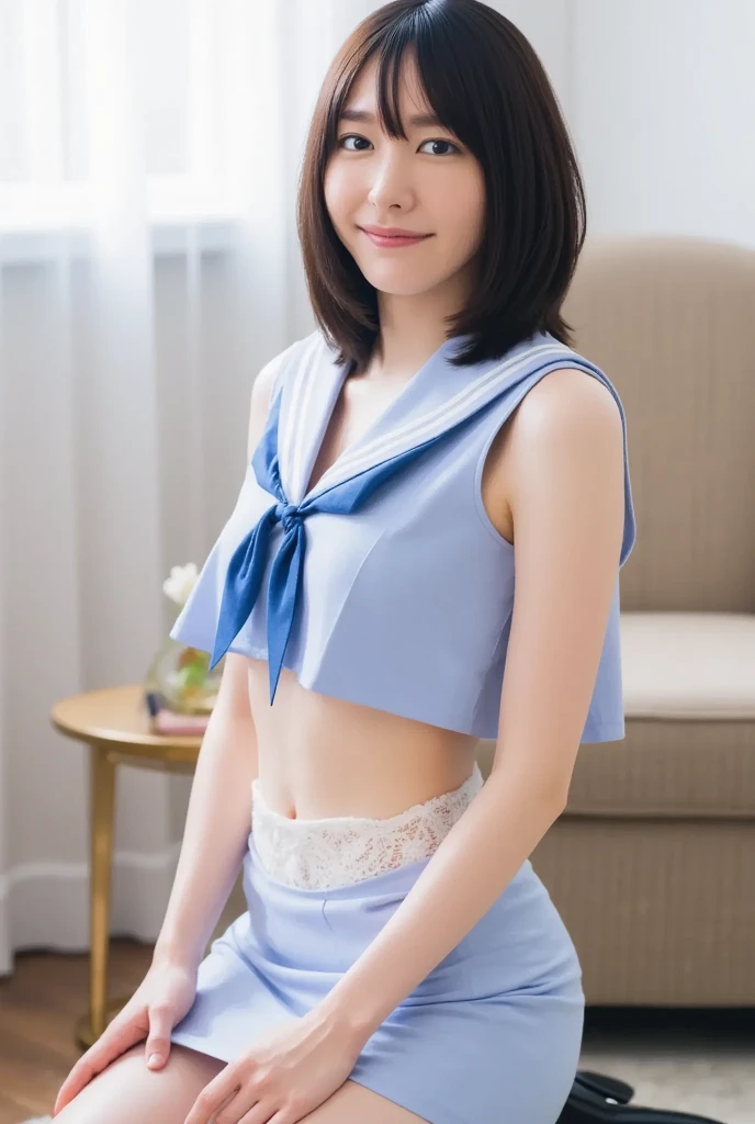 best quality, muste piece, It&#39;s photorealistic, high resolution, 8k students,solo, 1 girl, NSFW、semi-long hair、30 years old、(Royal blue miniskirt dress with gold trim)、Crouching、((camel,s toe)), slender body shape、legs spread wide、 ((Royal white small wet panties))、smile、high heels、earrings、necklace、skirt lift、Aegean Sea, exposed cleavage, camel toe, small breasts, toilet, no brassiere, ((one length haircut)),
