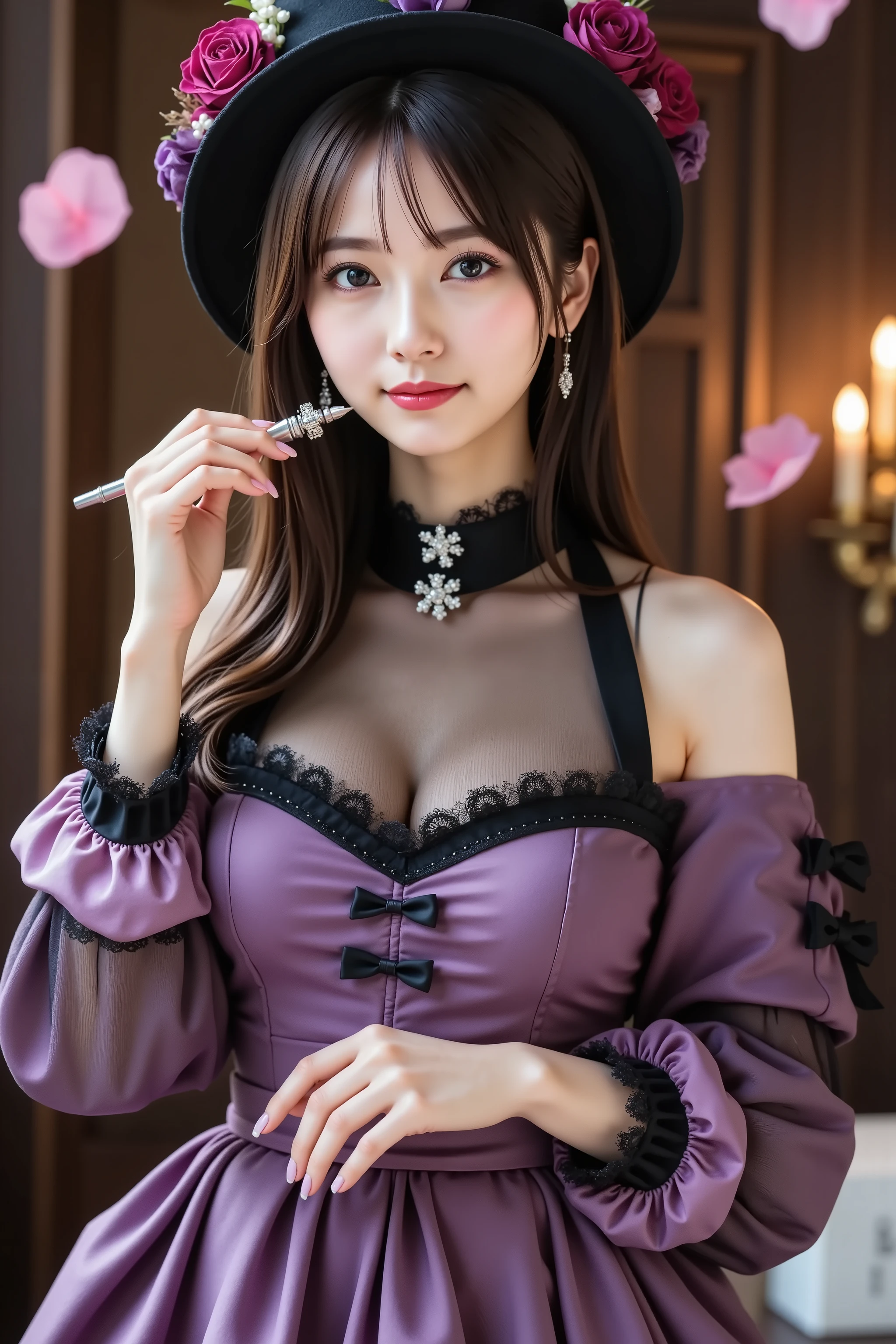 haruka, firm breast, by adjusting the framing so the subject's full head is visible within the composition, with the crop showing only from just above the bust to slightly above the top of the head. Ensure there is a comfortable amount of background space above the head to establish spatial context. A dramatic, vintage-inspired outfit combining Victorian and gothic aesthetics. The dress is a rich violet-purple shade, tailored to the figure and trimmed with black satin along the seams and edges. The bodice features a sweetheart neckline framed by lilac ruffles that add contrast and softness. The shoulders are partially exposed with sheer black mesh above the bust, giving a modern romantic edge. A high standing collar in black, embroidered with plum rose motifs, wraps the neck and extends into a narrow chest panel fastened by a silver clasp. Long sleeves taper toward the wrists, where lilac cuffs flare into tiered ruffles edged in silver thread. Lace insets run down the sleeves, and satin bows are tied above the cuffs. The waist is cinched, and the lower part of the garment suggests light layering beneath. She wears a round black hat with a firm brim, tilted slightly, decorated with velvet roses in purple, plum, and red. Pearl-tipped pins and feathers add visual texture. Accessories include silver star earrings and a slim writing pen held with delicate poise, the other hand gently resting near her collar. The background evokes a dreamlike, theatrical scene: petals in pink and lavender swirl through the air alongside scattered paper sheets. Soft lighting highlights the satin sheen, delicate ruffles, and glint of ink on airborne parchment. Hints of a dim, candlelit interior with carved wood and warm brass appear beyond the motion. The setting blends historical costume with fantastical elegance, emphasizing refined detail, artistic flair, and quiet mystery.
