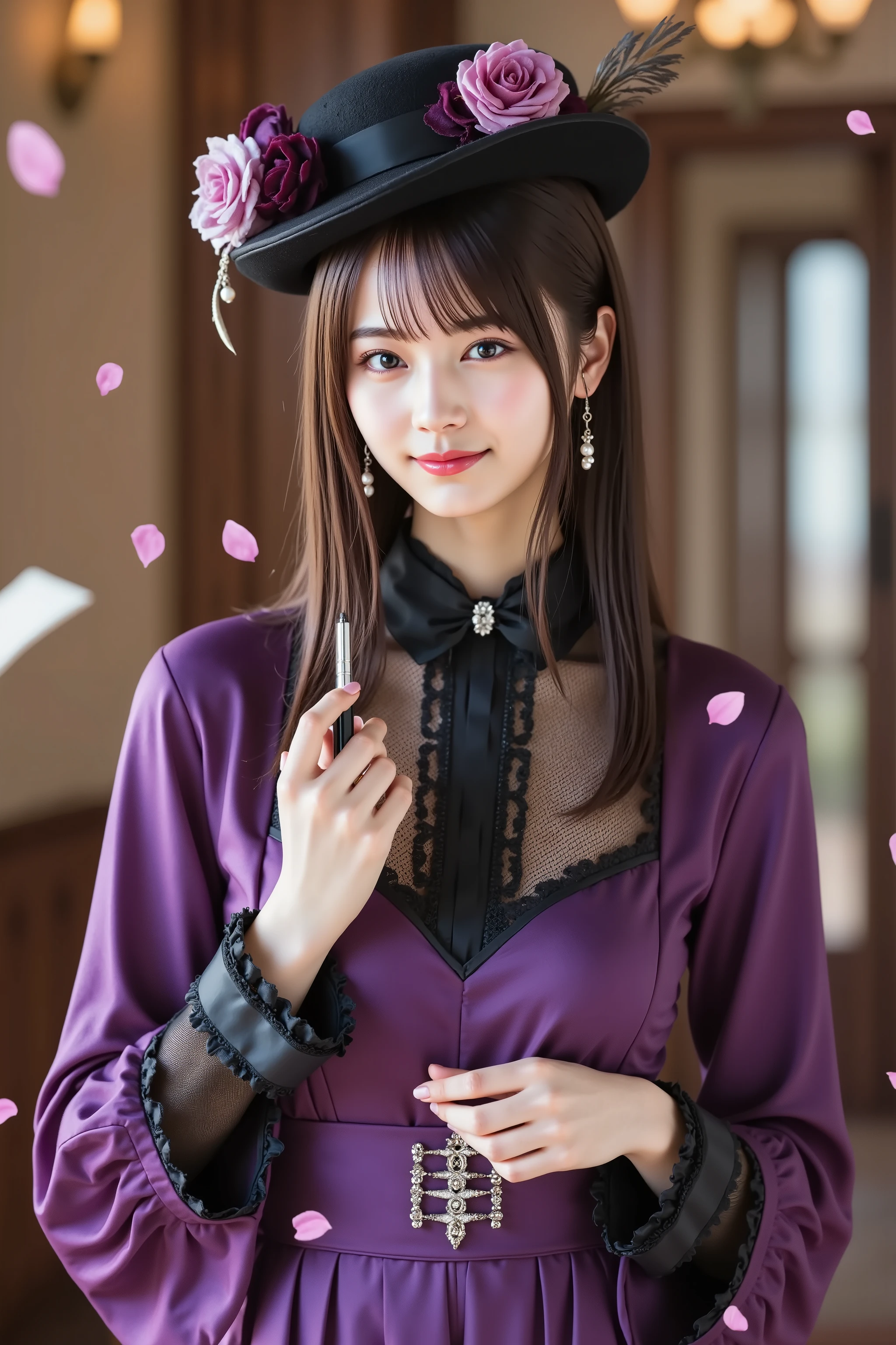 haruka, firm breast, by adjusting the framing so the subject's full head is visible within the composition, with the crop showing only from just above the bust to slightly above the top of the head. Ensure there is a comfortable amount of background space above the head to establish spatial context. A dramatic, vintage-inspired outfit combining Victorian and gothic aesthetics. The dress is a rich violet-purple shade, tailored to the figure and trimmed with black satin along the seams and edges. The bodice features a sweetheart neckline framed by lilac ruffles that add contrast and softness. The shoulders are partially exposed with sheer black mesh above the bust, giving a modern romantic edge. A high standing collar in black, embroidered with plum rose motifs, wraps the neck and extends into a narrow chest panel fastened by a silver clasp. Long sleeves taper toward the wrists, where lilac cuffs flare into tiered ruffles edged in silver thread. Lace insets run down the sleeves, and satin bows are tied above the cuffs. The waist is cinched, and the lower part of the garment suggests light layering beneath. She wears a round black hat with a firm brim, tilted slightly, decorated with velvet roses in purple, plum, and red. Pearl-tipped pins and feathers add visual texture. Accessories include silver star earrings and a slim writing pen held with delicate poise, the other hand gently resting near her collar. The background evokes a dreamlike, theatrical scene: petals in pink and lavender swirl through the air alongside scattered paper sheets. Soft lighting highlights the satin sheen, delicate ruffles, and glint of ink on airborne parchment. Hints of a dim, candlelit interior with carved wood and warm brass appear beyond the motion. The setting blends historical costume with fantastical elegance, emphasizing refined detail, artistic flair, and quiet mystery.