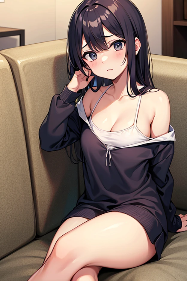 Black hair, long hair, big breasts, beautiful girl, beautiful woman, tank top, pleated skirt, uniform, smile, cross-legged, unable to hide, front, no bra, no panties 