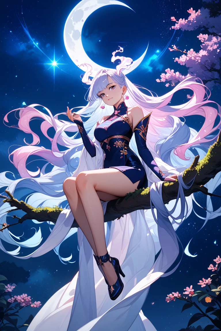 Ancient China, Single, Masterpiece Good Night Full Moon 1 Mature Woman Cold Face Expressionless Yujie Silver-white long-haired girl Light pink lips Calm and sensible,Gray-blue eyes,Assassin's dagger flowers Hand details Finger details Full body,
