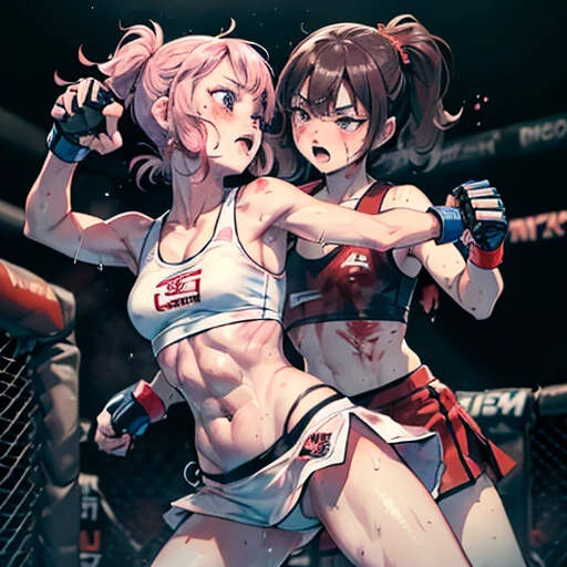their punches are hitting to each other's cheeks. they are beating each other so hard. bloody beautiful Japanese female fighters are fighting in the octagon. life or death struggle. survival battle. dynamic exciting action in the octagon fighting ring. whole body picture. they are covered in scars and bruises. they are damaged terribry. Short-cut black hair, out of breath, drooling from mouth, one eye is closed, exhausted, drenched in sweat. Erect nipples. open finger glove. Ragged white and pink lined sports bra, high leg panty, Stockings. armwarmers. small breasts, armwarmers. Whittled waistline