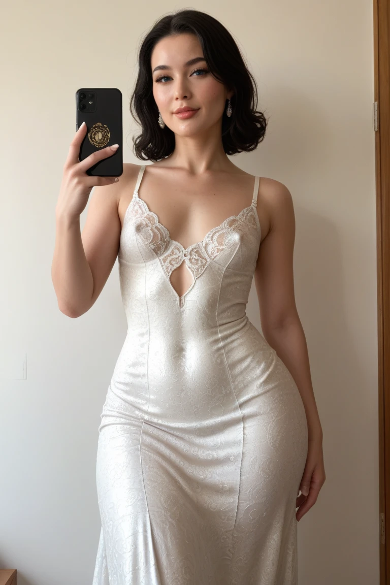 woman taking a selfie in a mirror with a red phone, holding it out to the camera, wearing a dress, she is facing the camera, text and a pale young woman, revealing clothes, she has a jiggly fat round belly, not wearing many clothes, snapchat photo, wearing a low cut tanktop, sie boob, wearing a cute white dress she takes her dress off to reveal her breast