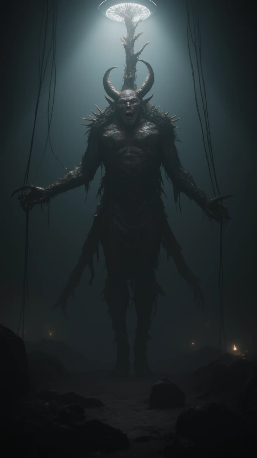 (photorealism:1.2), To a grotesque, greyish-brown figure with multiple deformed arms, nailed in a crucifixion position in the midst of destruction. Highlights how the presence of this entity distorts the atmosphere of the church, and how the remains of the structure contrast with the image of the monster. He uses visual and sensory descriptions to convey the mix of the sacred and the sinister that emanates from the interior of a cave or an old ruined building., where a gigantic monster is embedded in the wall and ceiling.