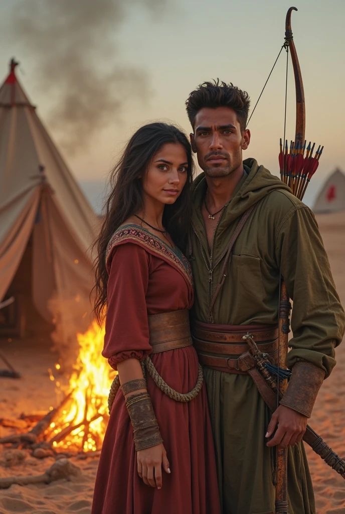 A pirate couple is standing on the deck of a ship, consisting of a fair-skinned Portuguese woman wearing a white and brown dress and an Indian man wearing an orange kurta and white pajamas holding a sword, with an ancient Portuguese flag in the background. The man and the woman are smiling and looking at the viewer, and the ship is far away, and at sea. It is a time of ancient times