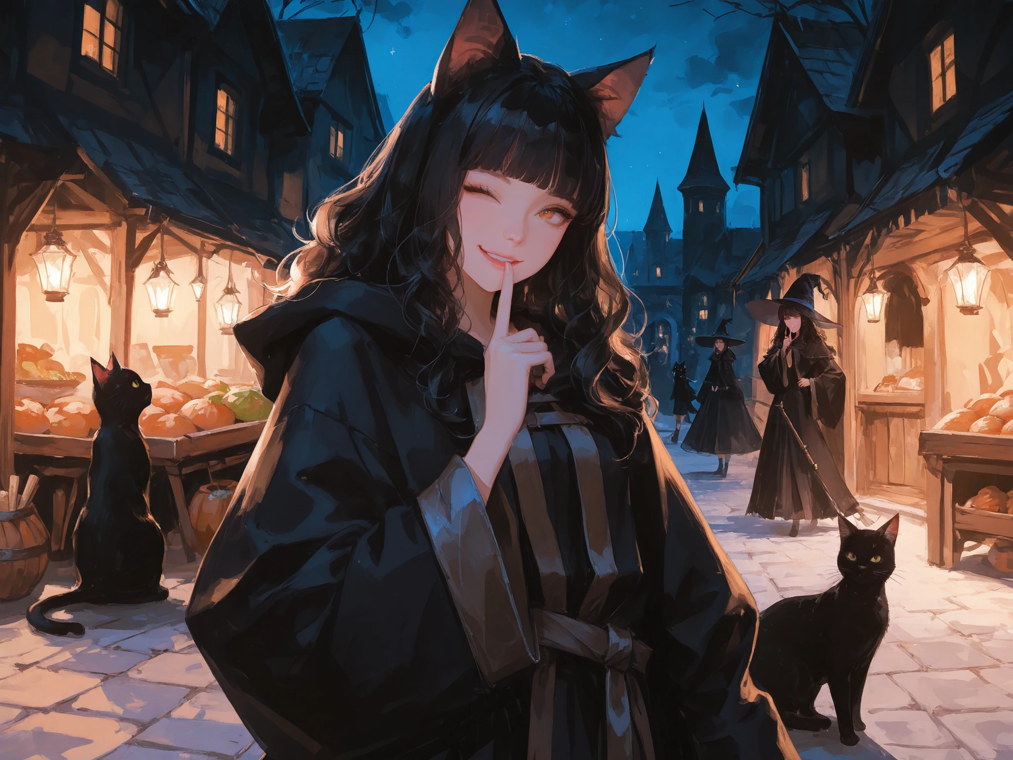 Perfect female body, Beautiful detailed girl, short wavy hair, black hair, blunt bangs, Beautiful face, golden eyes, cat ears, sorceress robe, smile, mouth slightly open, shushing, one eye closed, witch's market, night, black cat, night,