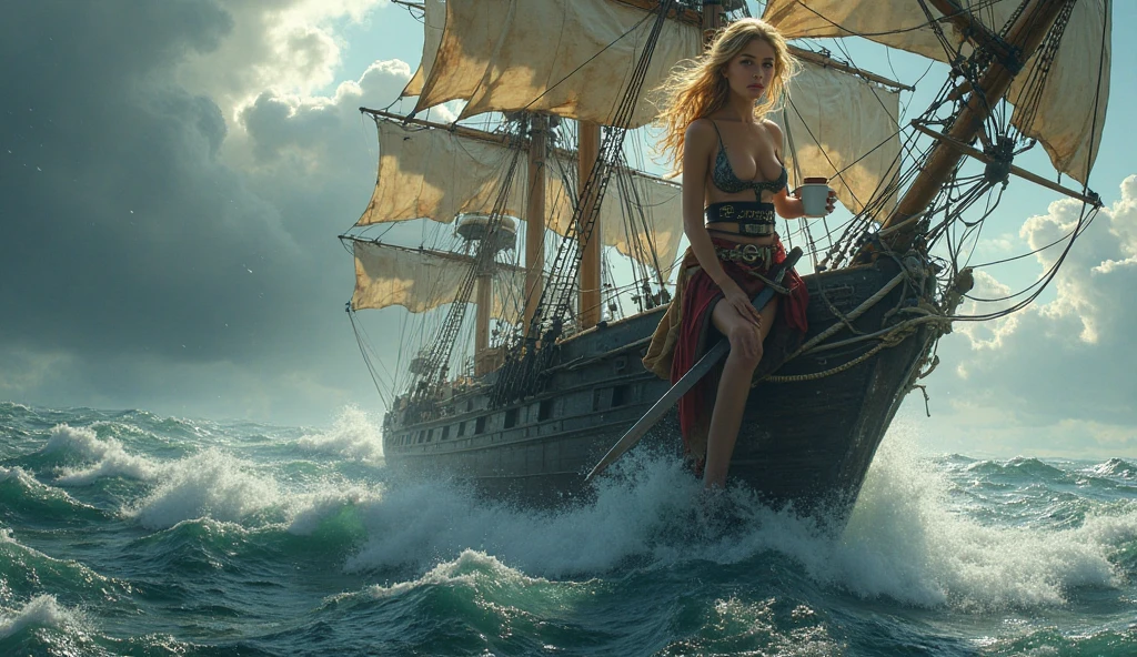 Frida Gustavsson, (((naked))), (((on an 16th century galleon))), shy, worried, hiding, ((face blushing)), (((hands between legs))), (minimal jewelry), choker, (((embarrassed pose))), Victorian updo, angry, perfect tan