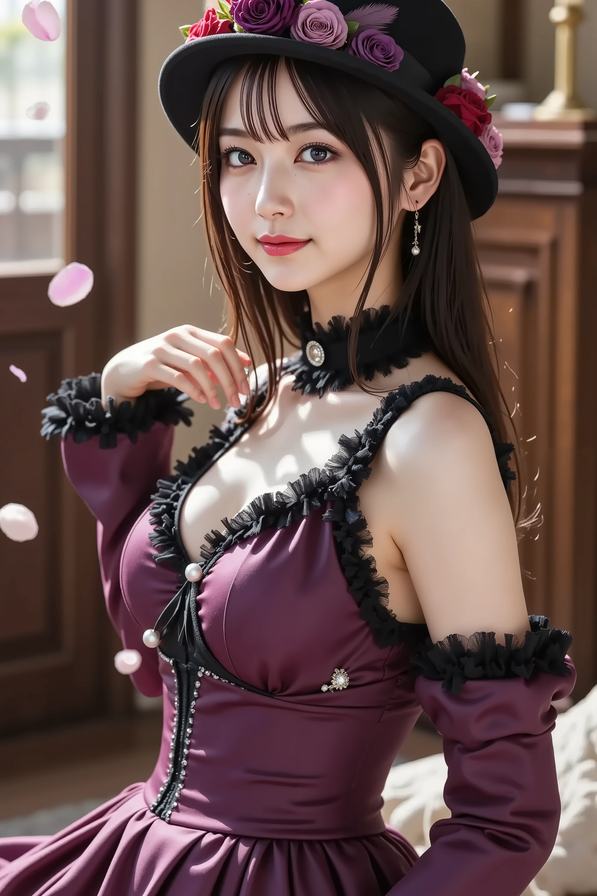 sakura, huge breast, by adjusting the framing so the subject's full head is visible within the composition, with the crop showing only from just above the bust to slightly above the top of the head. Ensure there is a comfortable amount of background space above the head to establish spatial context. A dramatic, vintage-inspired outfit combining Victorian and gothic aesthetics. The dress is a rich violet-purple shade, tailored to the figure and trimmed with black satin along the seams and edges. The bodice features a sweetheart neckline framed by lilac ruffles that add contrast and softness. The shoulders are partially exposed with sheer black mesh above the bust, giving a modern romantic edge. A high standing collar in black, embroidered with plum rose motifs, wraps the neck and extends into a narrow chest panel fastened by a silver clasp. Long sleeves taper toward the wrists, where lilac cuffs flare into tiered ruffles edged in silver thread. Lace insets run down the sleeves, and satin bows are tied above the cuffs. The waist is cinched, and the lower part of the garment suggests light layering beneath. She wears a round black hat with a firm brim, tilted slightly, decorated with velvet roses in purple, plum, and red. Pearl-tipped pins and feathers add visual texture. Accessories include silver star earrings and a slim writing pen held with delicate poise, the other hand gently resting near her collar. The background evokes a dreamlike, theatrical scene: petals in pink and lavender swirl through the air alongside scattered paper sheets. Soft lighting highlights the satin sheen, delicate ruffles, and glint of ink on airborne parchment. Hints of a dim, candlelit interior with carved wood and warm brass appear beyond the motion. The setting blends historical costume with fantastical elegance, emphasizing refined detail, artistic flair, and quiet mystery.