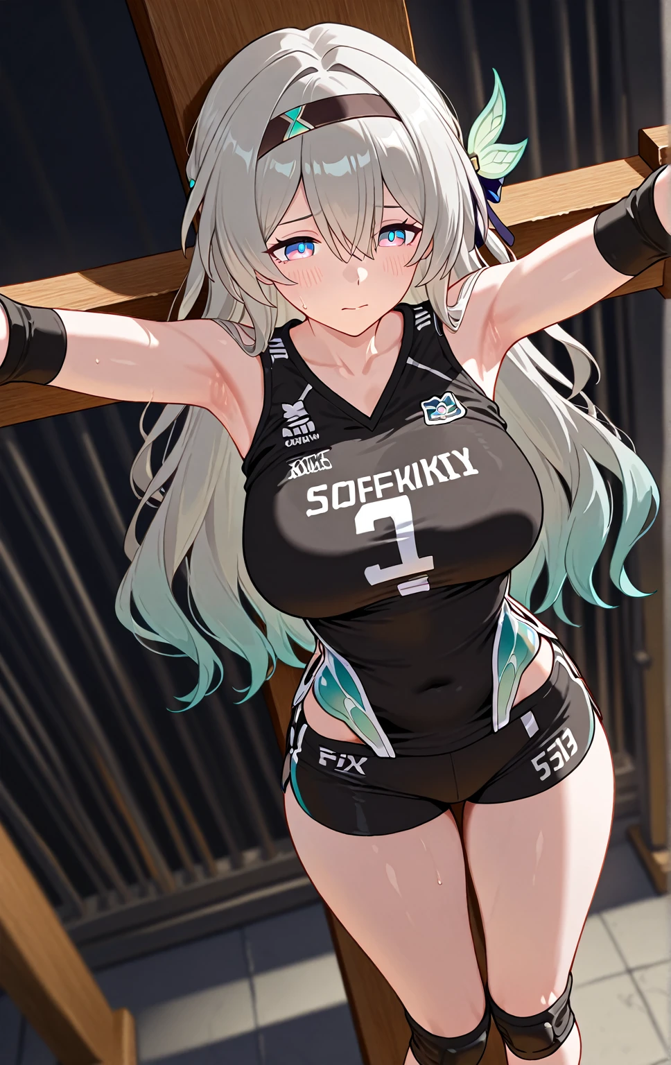 ((masterpiece)),((best quality)),(ultra-detailed),(an extremely delicate and beautiful),detailed backgroud, ((((1woman,tall stature)))and(((1shota boy,short stature)))),((((hetero)))),(height difference),(((wrestling ring))), (1woman),((((silver wolf/(Honkai:star rail/)))),(curvy:1.4),(huge breasts), pale skin,shiny skin, long hair,ponytail ,drill hair,hair between eyes, eyewear on head, navel, midriff,((She wears jacket, black jacket, sunglasses, gloves, black gloves, fingerless gloves, shorts,black shorts, shirt, white shirt, choker, crop top, fur trim)),(rolling eyes:1.4),(ahegao),(trembling),clothing aside, reverse suspended congress,looking at viewer, sex, sex from behind, x-ray large penis, motion lines, clothed,(cum in pussy:1.4),cum on clothes,cum on breasts,cum in mouth,cum on hair,(excessive cum:1.4), ((((1shota boy)))),(petite),penis,dark-skinned shota boy,interracial,