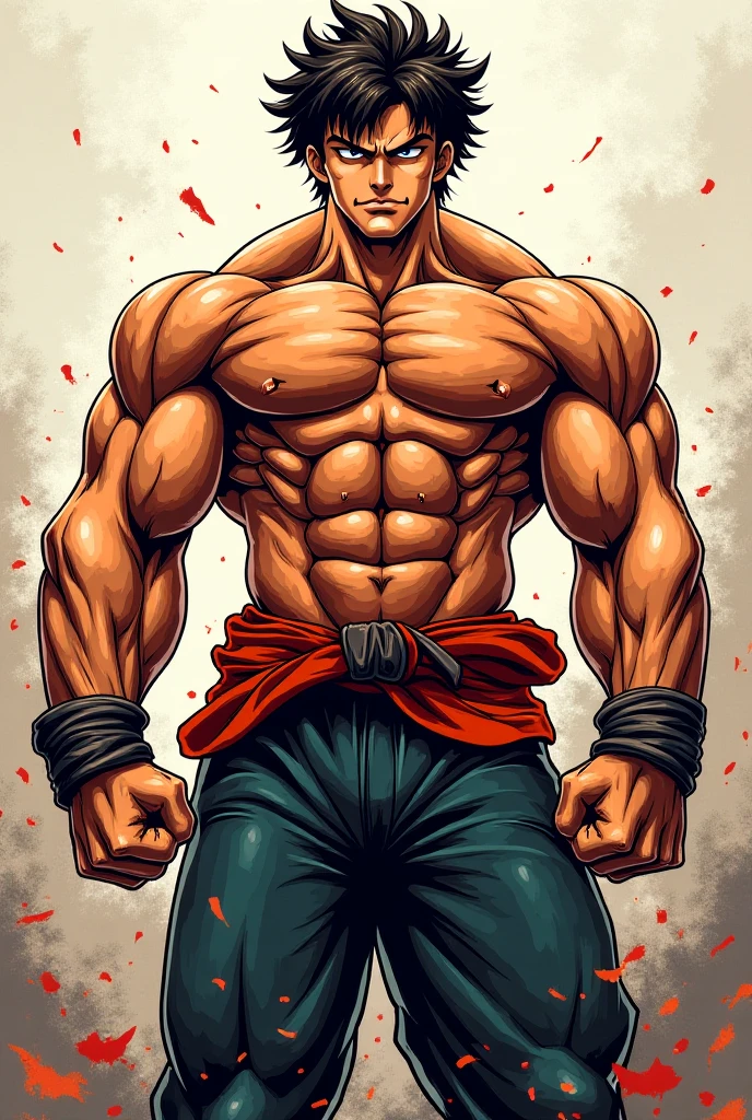 Yuji Itadori from Jujutsu Kaisen, wearing no pants, in combat pose, muscular, defined body, shirtless, abs, big legs, strong legs, defined crotch, large cock
