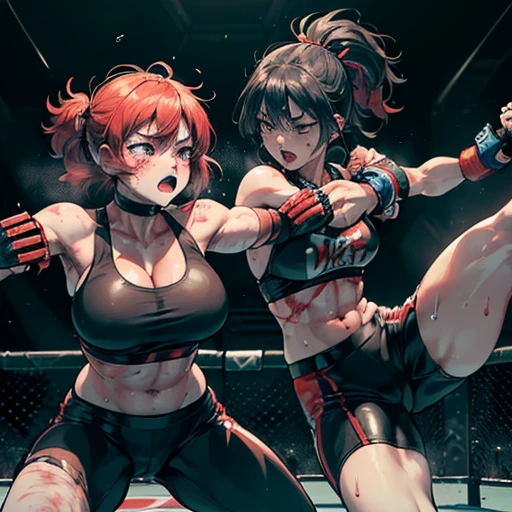 A battle royal between two beautiful young female mixed martial artists。Covered in blood、Covered in wounds and in a bad shape。Intense body blow exchange。punch to the stomach。They are fighting violently。Suffering from damage。Mouth open and dripping blood。Facial swelling。Bruised body。With one eye closed, it seems painful。Fighting inside the Octagon。I'm soaked in sweat。A ripped and worn-out sports bra、bikini、Open Finger Gloves。Erect nipples。Short black hair。