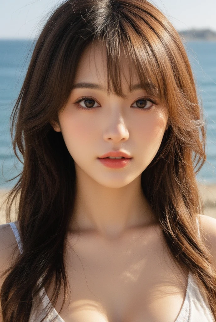 8K,Pieces fly, Highest quality, figure, Very detailed, finely, High resolution, 8k wallpaper, Perfect dynamic composition, Dark and beautiful eyes, Tight clothing, Random Cute Hairstyles, Natural color lip,At the Beach, Random cute poses,Cleavage