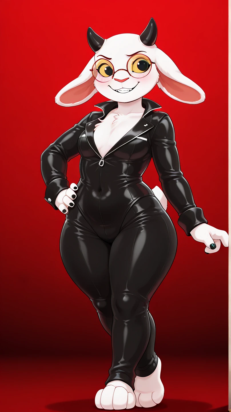 a beautiful and detailed head portrait of diane foxington,orange body, black lips, eyelashes, eyebrow piercing, black leather corset, black leather boots, sexy, red background