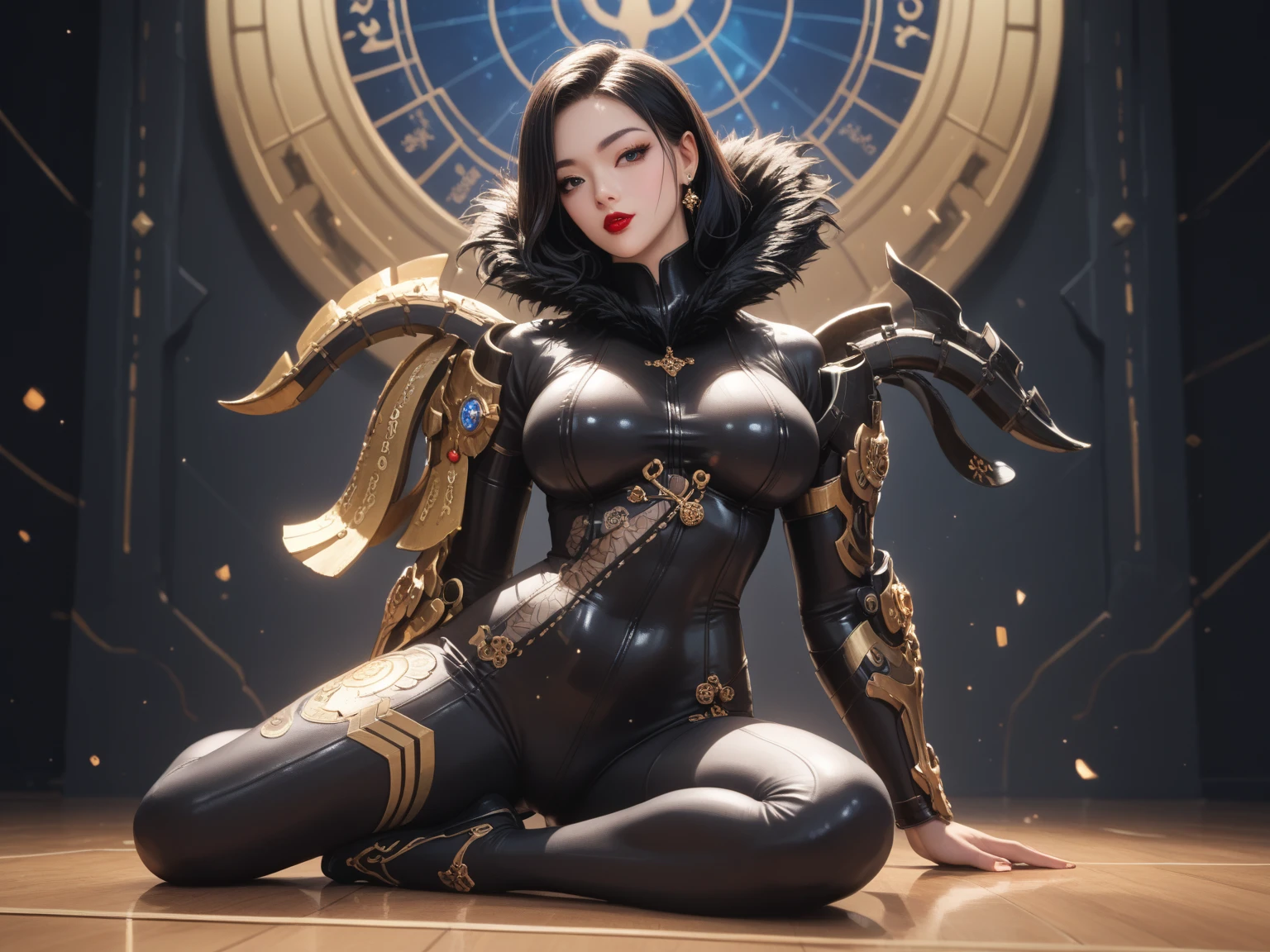 8K, highest quality, (dramatic lighting: 0.7), masterpiece, low-angle shooting, warm tones (ruddy 18-year-old Japanese woman, looking up at the audience), sexy, (wearing sexy white leather pants: 1.1, dressed in black), Chinese style background, full body portrait, perfect face, charming eyes, vivid details, (highly detailed skin), (large breasts, accent lighting: 1.1), 8k