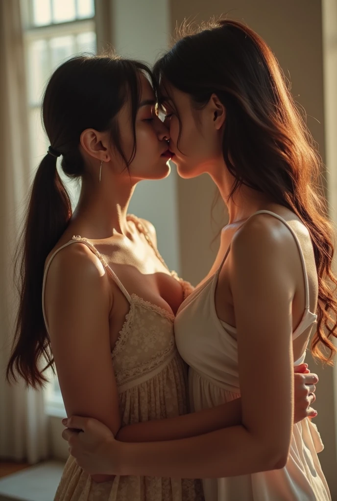 Good hand, 4k, high resolution, masterpiece, best quality, head: 1.3, (two women), kisses in the bathroom, one of the women has short reddish blond hair, red clothes, slim, medium breasts, cleavage, the other has a long pink ponytail, scantily clad, thick chocker, whole body, finely detailed skin, sharp focus, (cinematic lighting), collarbone, morning, sane light, dynamic angle, [: (detailed face: 1.2): 0.2],