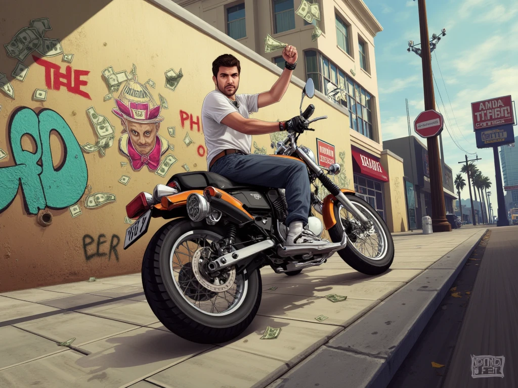 20 people, GTA,Fight, Los Angeles Street Battle, ((Wall Carved with Graffiti and Bullet Holes, Wards of Money Dancing in the Air, rifle, Rocket Launcherを撃つ ,  Gunfightで爆発するショップ )), 
Fight, fight, 
shopping street, Chunks of Money Overflow Man with Attache Case Runs Fast on Motorbike,   Gunfight, car, 燃えるcar, Man Waving an Iron Pipe, Running Man ,construction area, dynamic configuration,Rocket Launcher, missile,Minigun