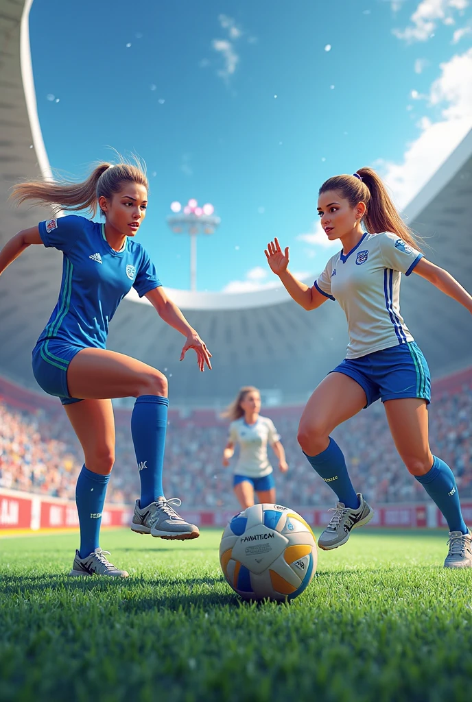 a dynamic and vibrant action shot of a female soccer player in mid-kick, with her leg extended towards the ball. She is wearing a white jersey and blue shorts, and her blonde hair is pulled back into a ponytail. The background is blurred with streaks of light, emphasizing the motion and energy of the scene. Hyperrealistic intricate detail, finely detailed,
