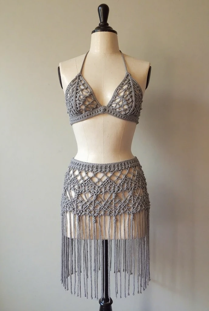 A black crochet romper, with silver glitter, low cut, silver belt round the middle with hearts hanging from the chain, Criss cross up side with red ribbon, red sandals with diamonds patterned on it on a mannequin
