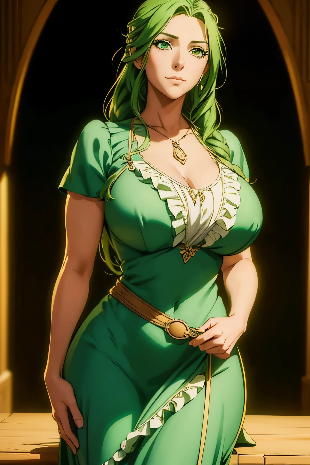 Handsome farmer with braids. ((woman with green hair, Loose hair, mature adult woman , mature MILF's face , long hair)), Perfectly round face. cute and charming face , large lips, beautiful and voluptuous , charming beauty , (( soft expression on the face )), ((Belo grande, detailed green eyes)), thin waist, workout clothes ((dark blue dress with ruffles, mature adult woman , adult milf face, modest dress)) (Highly detailed)), official art , Award-winning digital painting, digital illustration , extreme detail, 4k, Ultra HD, rococo, , intrincado, Realistic fantasy art , sharp focus, conceptual artwork , arte por wlop, germ of art, ( 2D vector illustration ) Luz , arejado, hourglass body . ellie bamber