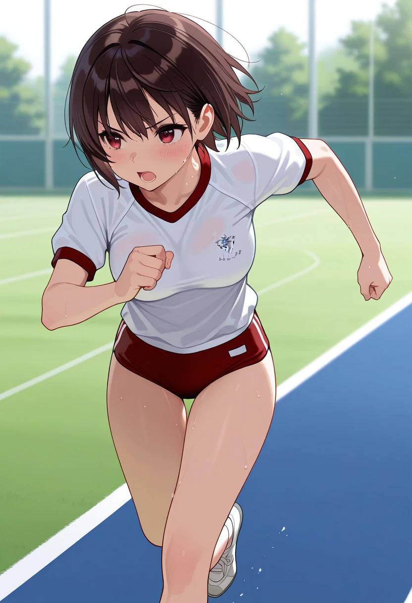 1girl,medium breasts,black hair,short hair,light smile,ass focus,full body,gym uniform, ,school ground,girly running,masterpiece, best quality, absurdres,