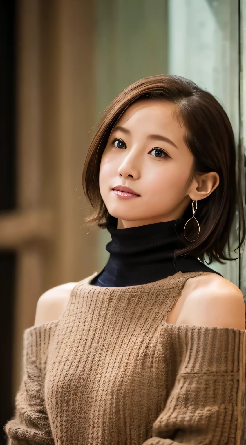 (Top quality、8k、32k、masterpiece、nffsw:1.2)、Photo of a cute Japanese woman、Mid-chest、(Wolf Cut)、(Dark brown shorthair cat),full-body shot、surface focus、((Off-the-shoulder turtleneck sweater))、A necklace、from above、looking at the audience、Extremely delicate face, Skin and hair,muscular,Slim,High style,High level of image quality、The background is the city、Gentle eyes、