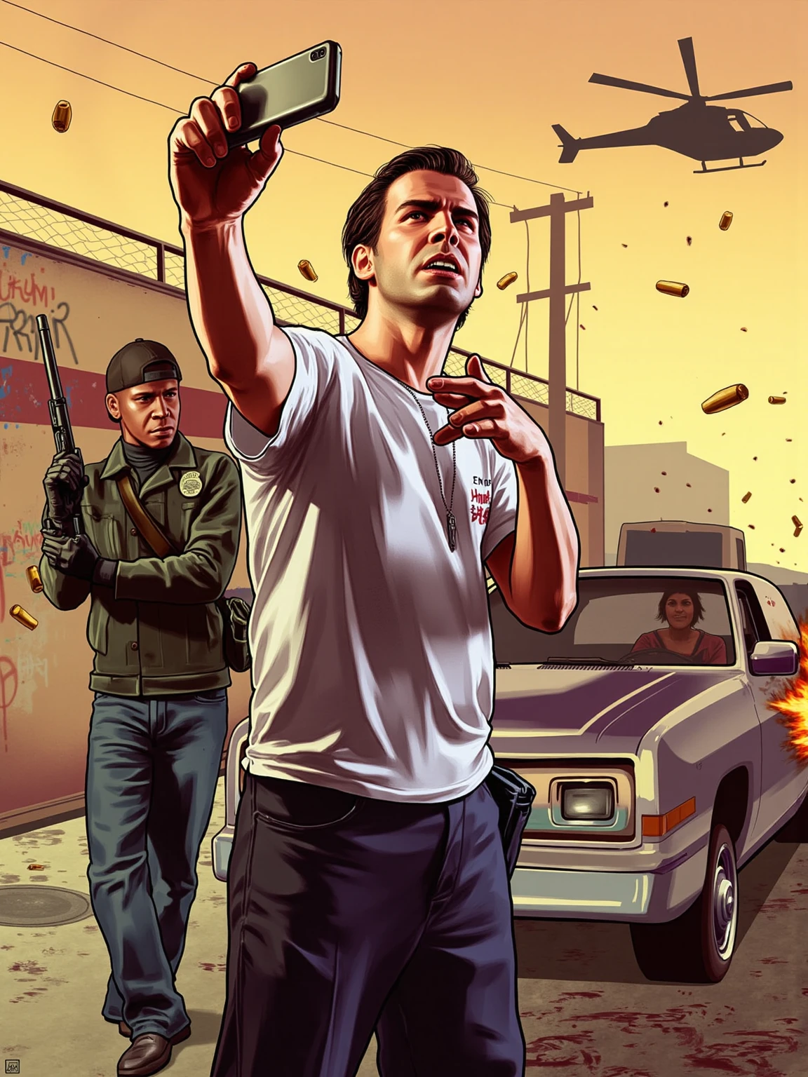GTA cover art style, urban gang war scene, graffiti walls, bullet holes, dark comedy tone, (man taking a selfie:1.3) being shot by a gangmember, (head exploding from shotgun blast:1.6), smartphone in hand, blood splash, car explosion in background, police helicopter in sky, gangster with shotgun aiming at man, desaturated city color palette, comic book style shadows, stylized fire and smoke, burning debris, (flying bullet shells:1.1) Los Santos, Los Santos outskirts, city buildings background, dramatic lighting, cinematic composition, 🔥💀📸
--no extra limbs, --no blurry, --no mutated hands, --no bad 
