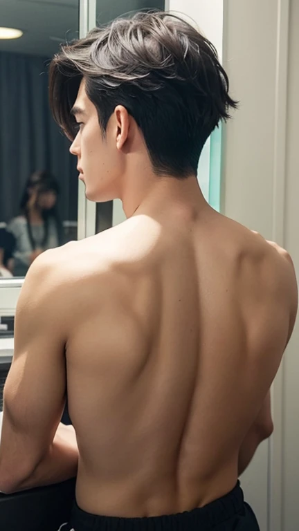 18-year-old boy, Completely naked ,Black Hair,   Thin、Beautiful Boy、Japanese、Dark Eyes、whole body、Back view、Butt、turn around、Short Hair、Short cut、male