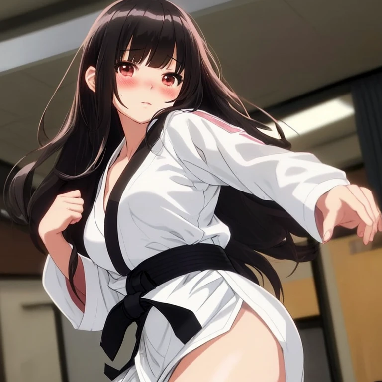 mizuki,see through nipples,small breasts, (dark-skinned female:1.2), (dark skin:1.2), two side up, very long hair, brown hair, hair between eyes, hair ribbon, hair rings, pink eyes,(short karate gi,:1.2),(no bra:1.1),(no pants,micro panties:1.2),(sweat gleaming skin:1.1), (judo hall:1.2),(highres, high quality:1.1), intricate details, cinematic lighting, 1girl,(red blush,angry),(dynamic fighting pose:1.2),dynamic angle,from below,cameltoe,show off panties