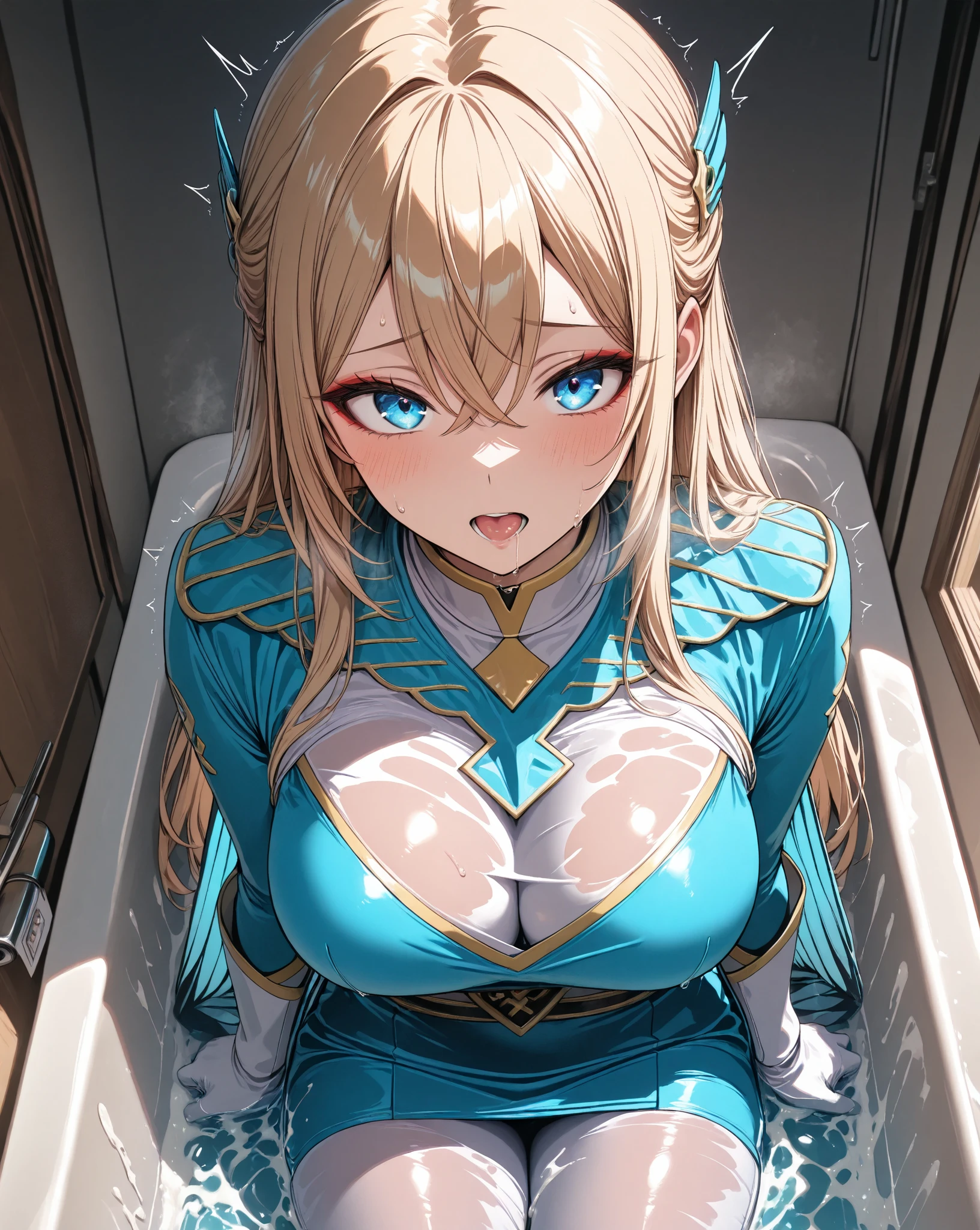 1 girl, alone, Shiranui_flare/(Holo live/), very big breasts, dark_Elf, light gray skin, White, black, black, long pointed ears, long hair, low ponytail, side bangs, hair between eyes, straight hair, starry blue eyes, wide hips, waist curve, Thick thighs, milf, Wide V-neck, tight shirt, body stockings, pencil skirt, black pantyhose, sitting, Alien-like command post, evil smile
