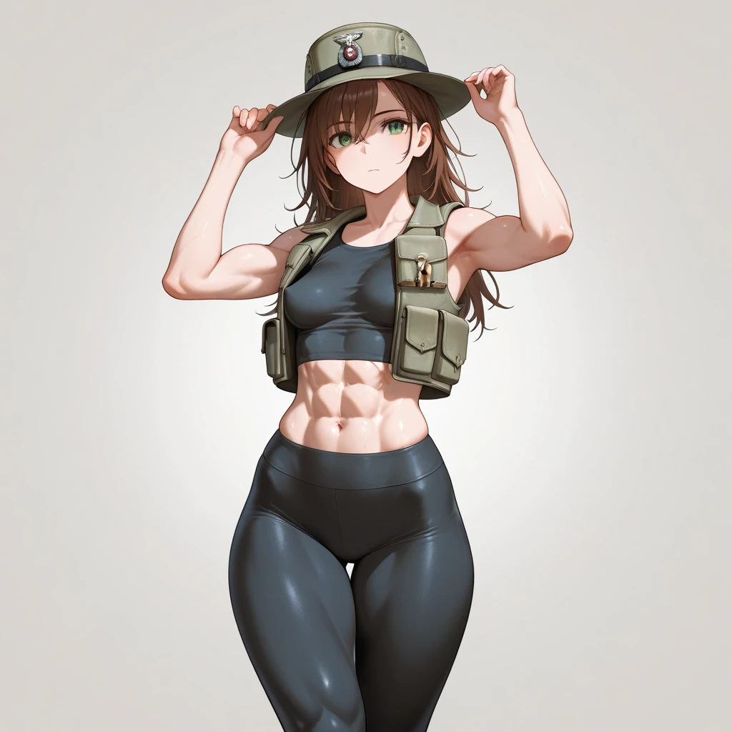 Kousaka honoka, blue eyes, white head band,sad, strapless crop top, Camouflage paint,army shorts, Camouflage print thighhighs, thighs strap,big breasts,thicc , curvy body
