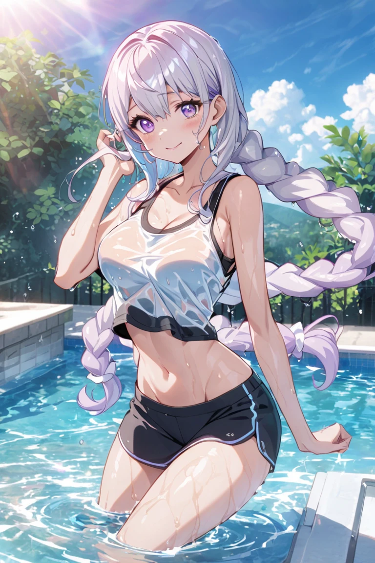 ((swimsuit))(skin scars:0.8), (skin dents), small breasts, 1woman, 28Year, (((woman))), alone, realistic, highest quality, photorealistic, masterpiece, 8k, High resolution, alone, highly detailed face, (professional lighting, Bokeh), (particles of light, Lens flare, shining particles:0.6), (dynamic pose:0.8), soft lighting, Angle seen from above, public bathhouse, ((daytime)), null, ((looking at the viewer:1)), (looking at camera),(portrait:0.6), cowboy shot, nice, , put your hands down, Maintain original facial proportions, broad shoulders, whole body, (Medium chest), (long hair), , floating hair, lips, lipstick, seductive smile, floating hair, smile, Open_mouth, teeth, ,small breasts,ponytail
