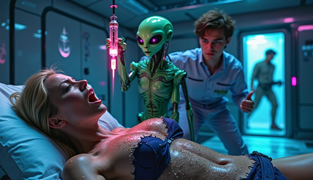 light platinum blonde of Caucasian appearance, detailed face, dressed in lingerie and straps, collar, strong powerful abdominal muscles, bright makeup, beautiful lightning lies on the space station in bed . very thin waist, euphoric and tired facial expression with mouth wide open, big , figure with curves,alien inside belly,