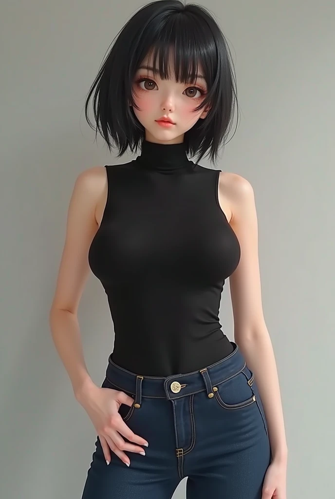 Woman with big blue eyes, smooth skin, detailed face, perfectly eyeliner, bobcut big bust and heavy sleeveless t-shirt fitted to the slim and curvy body, slim waist and wide hips big and shapely legs, cameltoe short jeans,full body portrait1.2, Image 1.2 high resolution